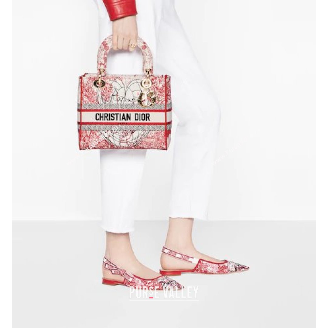 Dior Medium Lady D-Lite Bag in Red and White D-Royaume dAmour Embroidery 2021 (XXG-21090725)