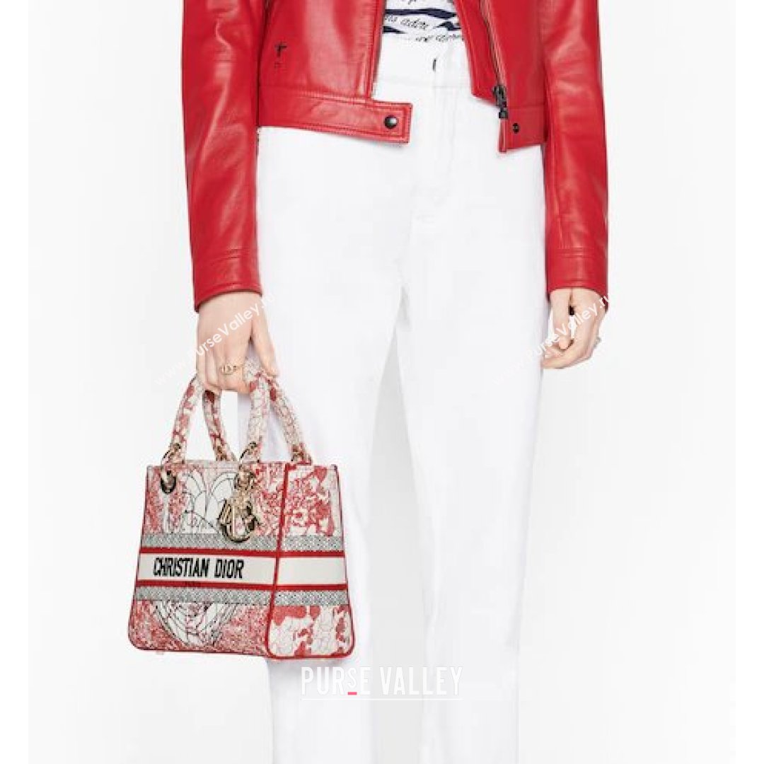Dior Medium Lady D-Lite Bag in Red and White D-Royaume dAmour Embroidery 2021 (XXG-21090725)