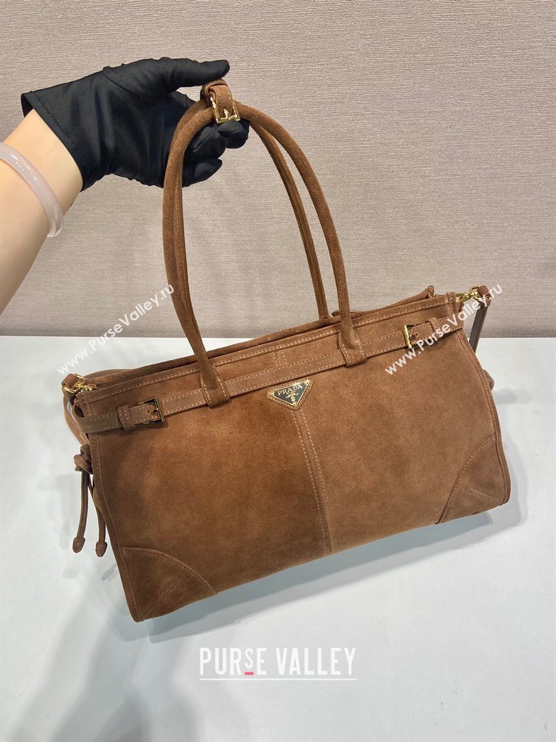 Prada Bonnie large suede handbag 1BA433 Brown 2025 (YZ-250521038)