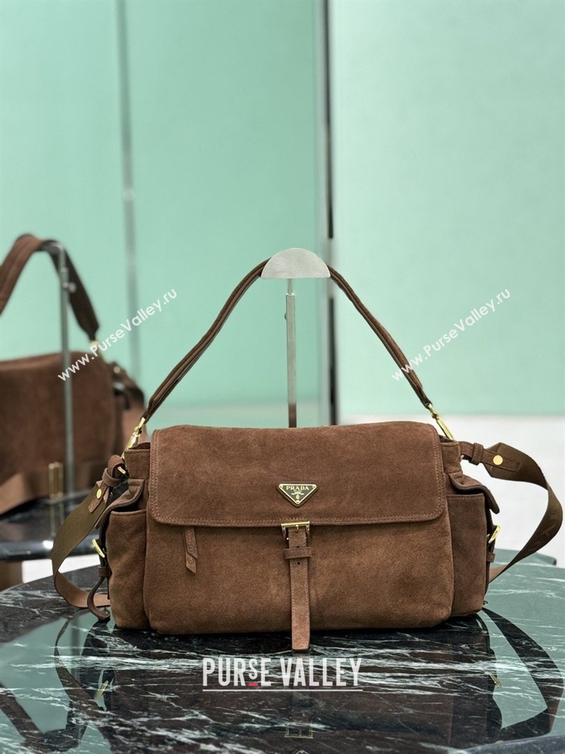 Prada Explore large Suede shoulder bag with flap Brown 2026 1BD391 (YZ-260410089)