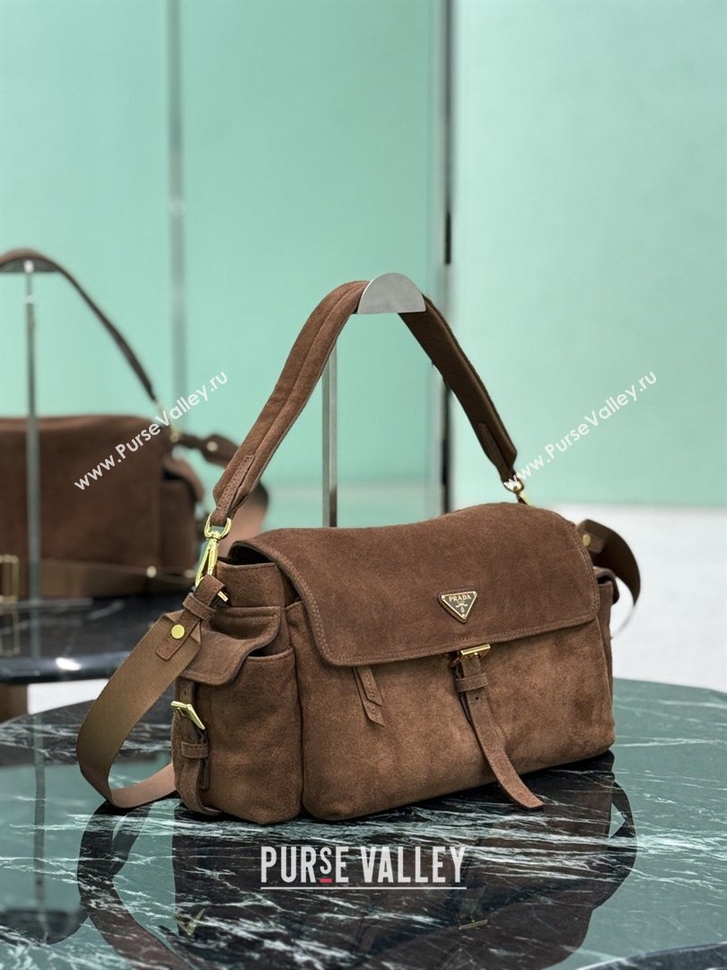 Prada Explore large Suede shoulder bag with flap Brown 2026 1BD391 (YZ-260410089)