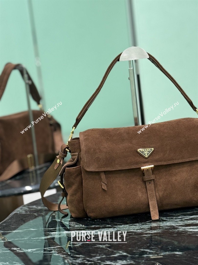 Prada Explore large Suede shoulder bag with flap Brown 2026 1BD391 (YZ-260410089)