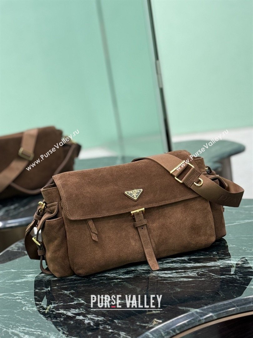 Prada Explore large Suede shoulder bag with flap Brown 2026 1BD391 (YZ-260410089)