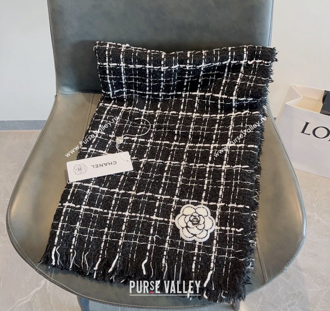 Chanel Cashmere Check Long Scarf with Camellia 70x190cm Black 2023 CH090502 (XMN-230905022)