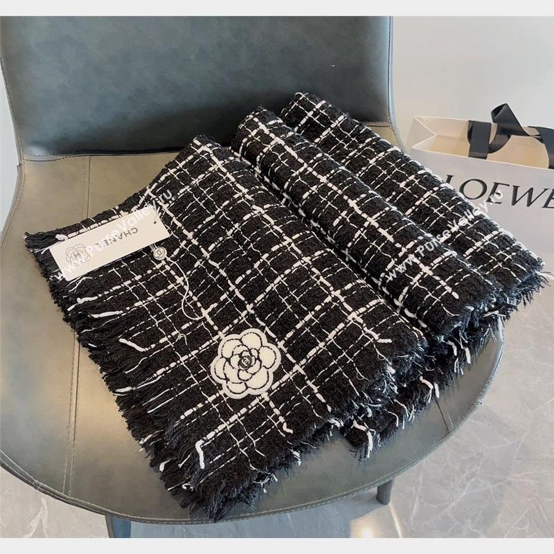 Chanel Cashmere Check Long Scarf with Camellia 70x190cm Black 2023 CH090502 (XMN-230905022)