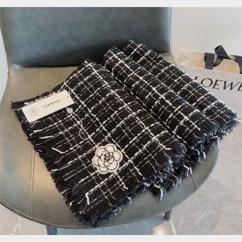 Chanel Cashmere Check Long Scarf with Camellia 70x190cm Black 2023 CH090502 (XMN-230905022)