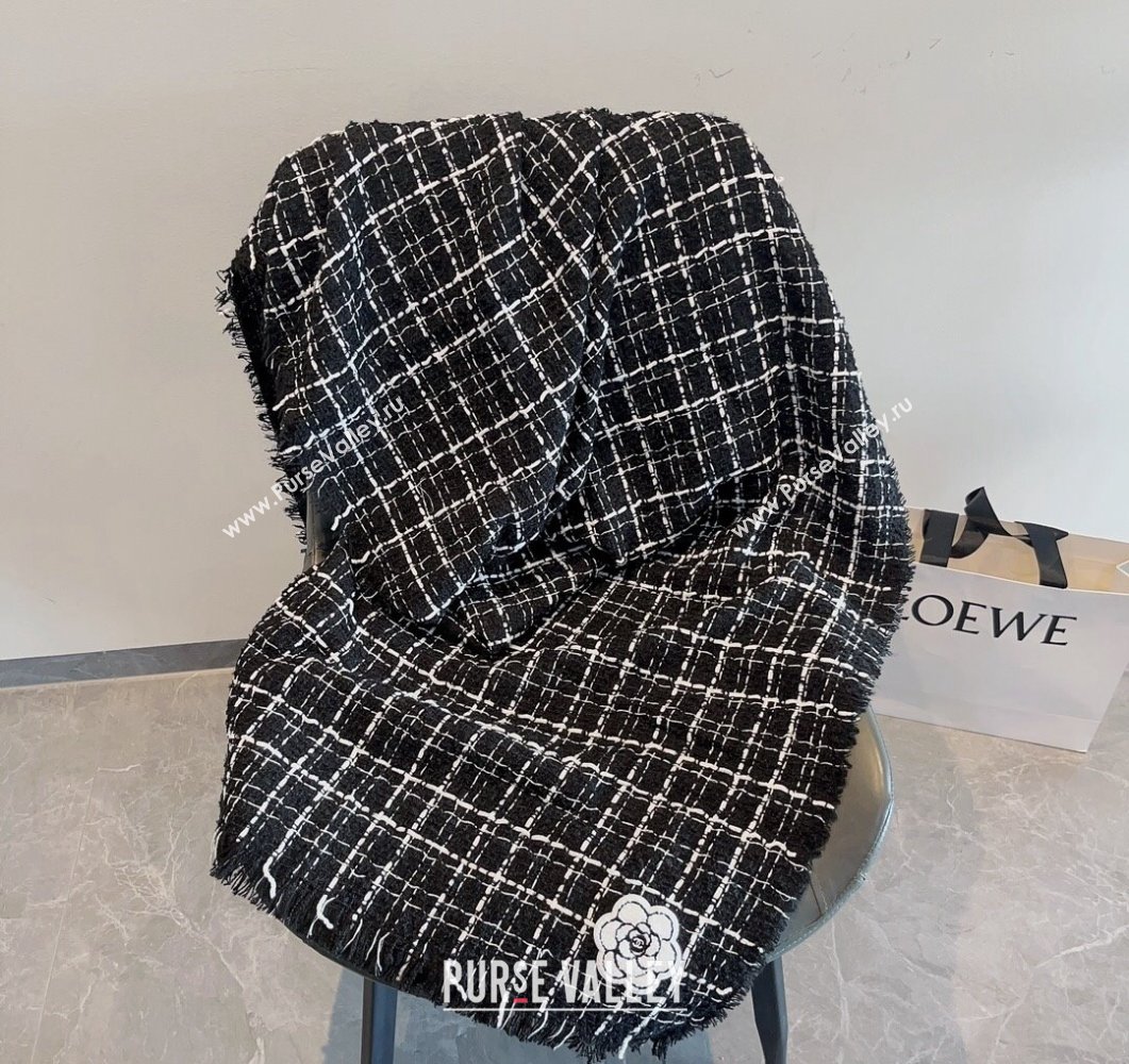 Chanel Cashmere Check Long Scarf with Camellia 70x190cm Black 2023 CH090502 (XMN-230905022)
