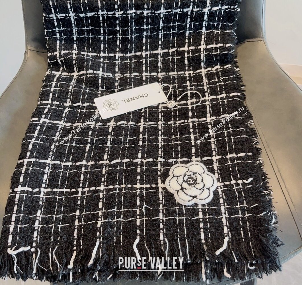 Chanel Cashmere Check Long Scarf with Camellia 70x190cm Black 2023 CH090502 (XMN-230905022)