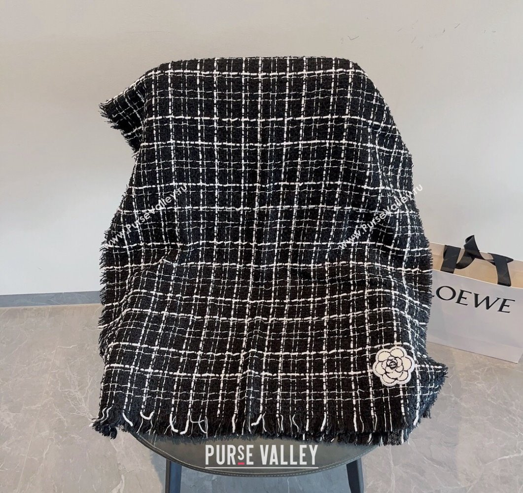 Chanel Cashmere Check Long Scarf with Camellia 70x190cm Black 2023 CH090502 (XMN-230905022)
