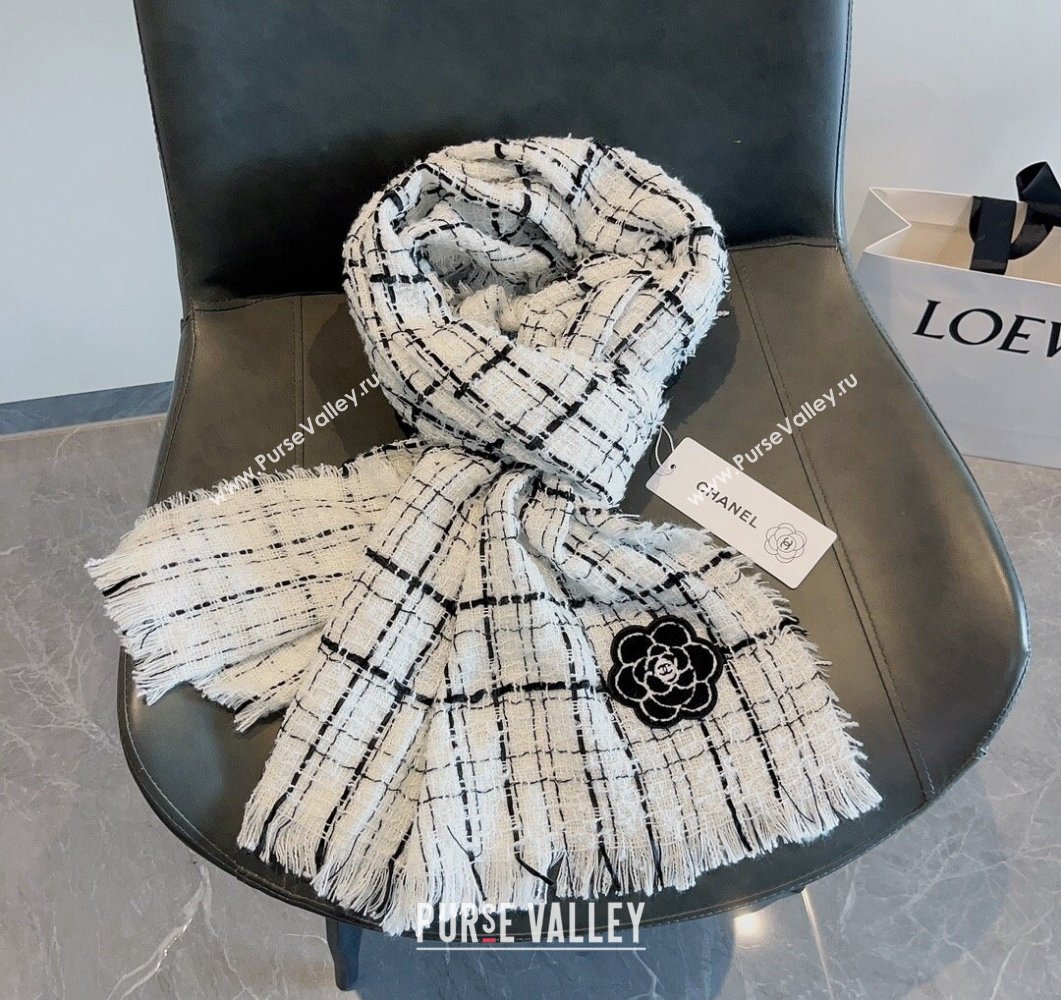 Chanel Cashmere Check Long Scarf with Camellia 70x190cm White 2023 CH090502 (XMN-230905023)