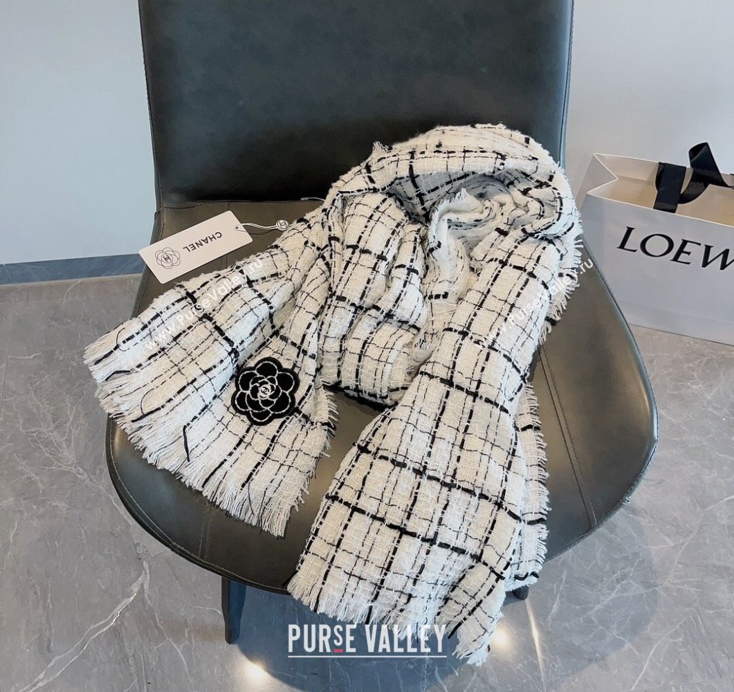 Chanel Cashmere Check Long Scarf with Camellia 70x190cm White 2023 CH090502 (XMN-230905023)