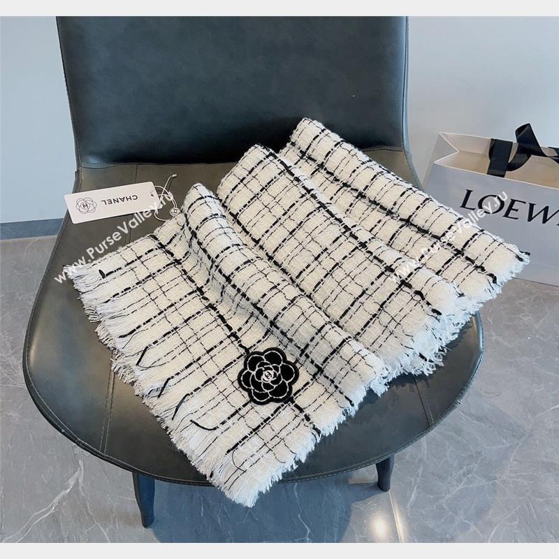 Chanel Cashmere Check Long Scarf with Camellia 70x190cm White 2023 CH090502 (XMN-230905023)