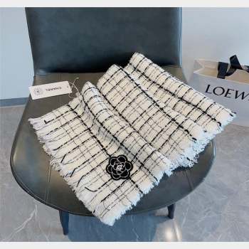 Chanel Cashmere Check Long Scarf with Camellia 70x190cm White 2023 CH090502 (XMN-230905023)