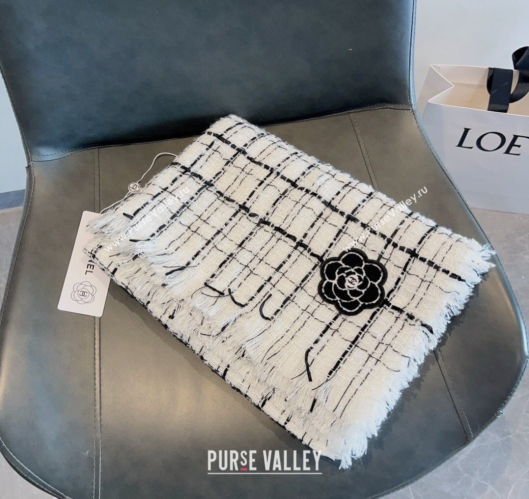 Chanel Cashmere Check Long Scarf with Camellia 70x190cm White 2023 CH090502 (XMN-230905023)