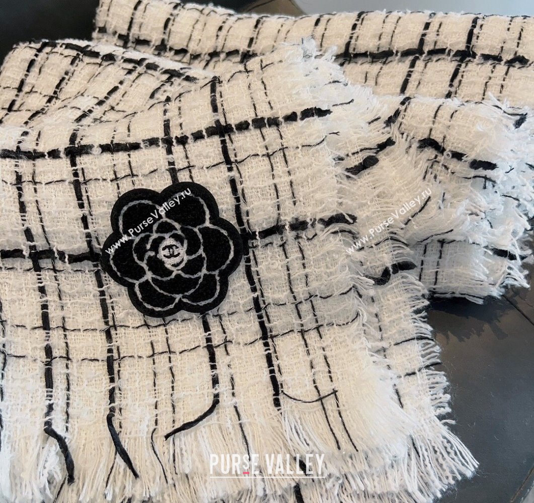 Chanel Cashmere Check Long Scarf with Camellia 70x190cm White 2023 CH090502 (XMN-230905023)