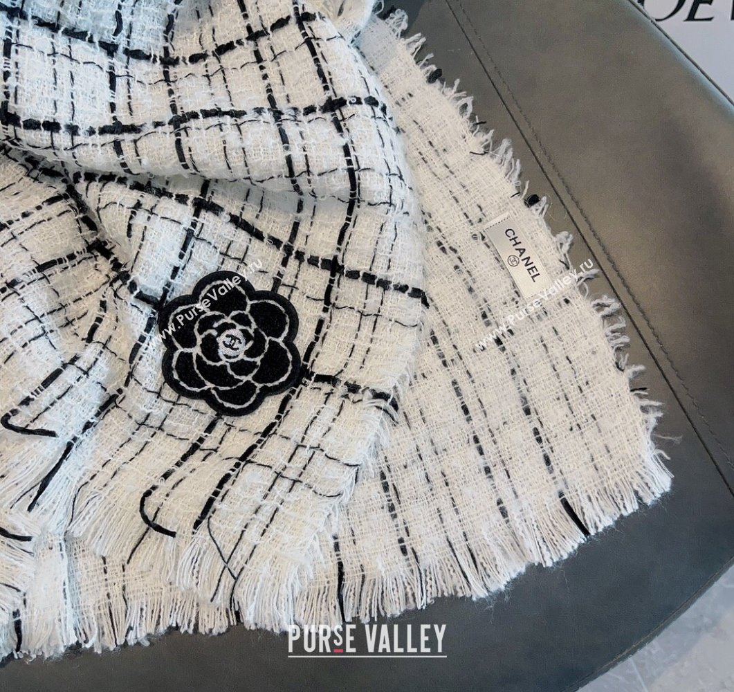 Chanel Cashmere Check Long Scarf with Camellia 70x190cm White 2023 CH090502 (XMN-230905023)
