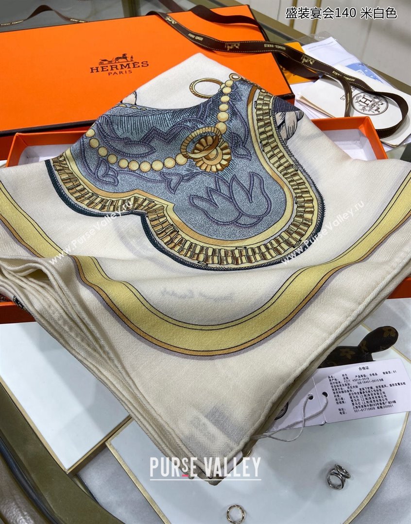 Hermes Grand Apparat Forever Cashmere Shawl Scarf 140cm White 2023 H001364S (A-230905024)