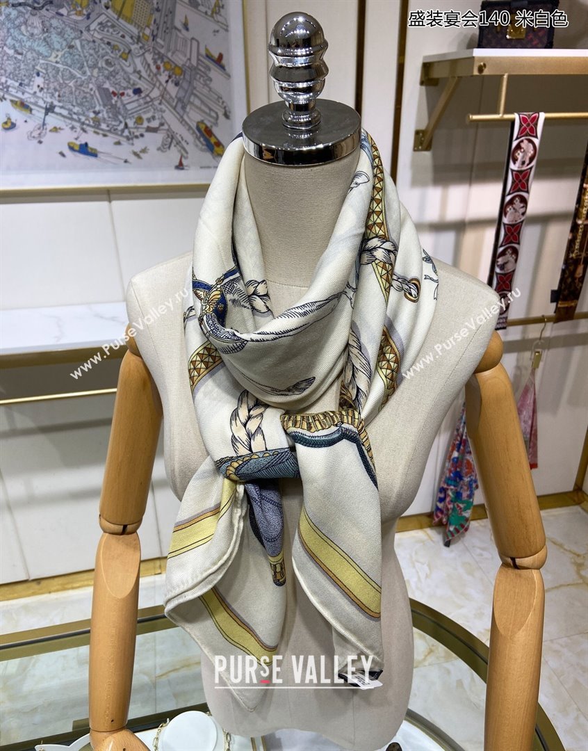 Hermes Grand Apparat Forever Cashmere Shawl Scarf 140cm White 2023 H001364S (A-230905024)
