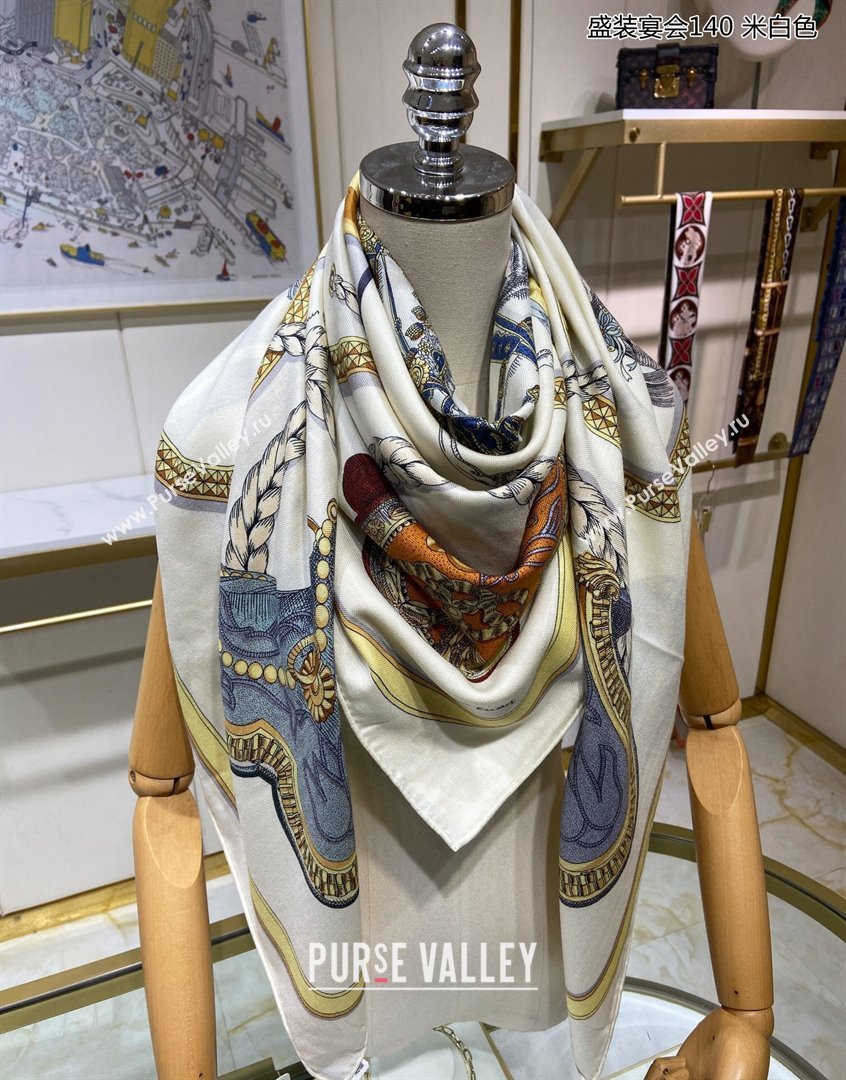 Hermes Grand Apparat Forever Cashmere Shawl Scarf 140cm White 2023 H001364S (A-230905024)