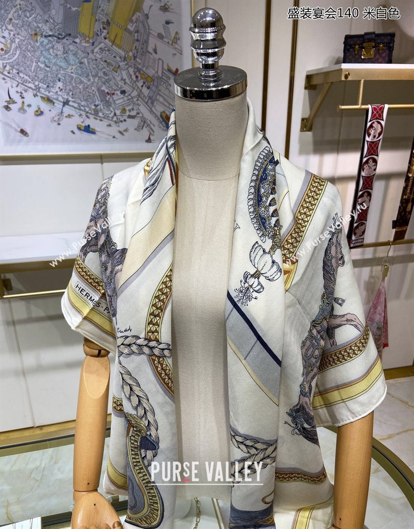 Hermes Grand Apparat Forever Cashmere Shawl Scarf 140cm White 2023 H001364S (A-230905024)