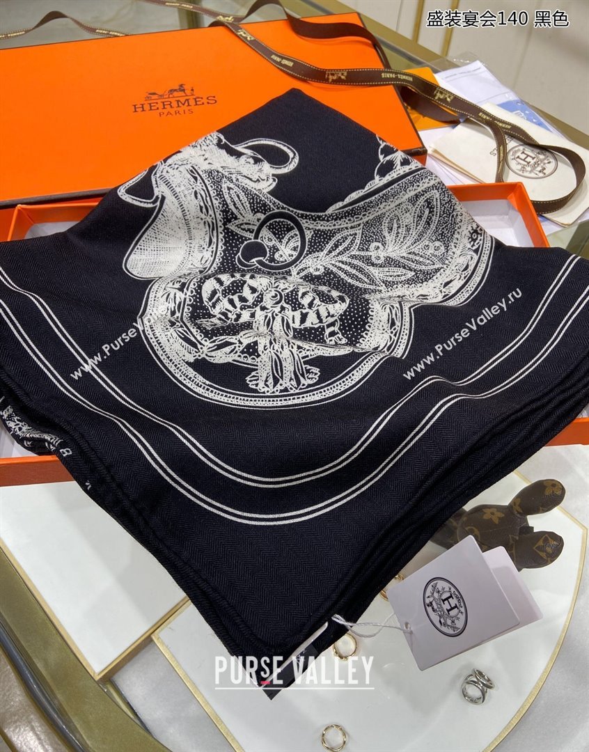 Hermes Grand Apparat Forever Cashmere Shawl Scarf 140cm Black 2023 H001364S (A-230905025)