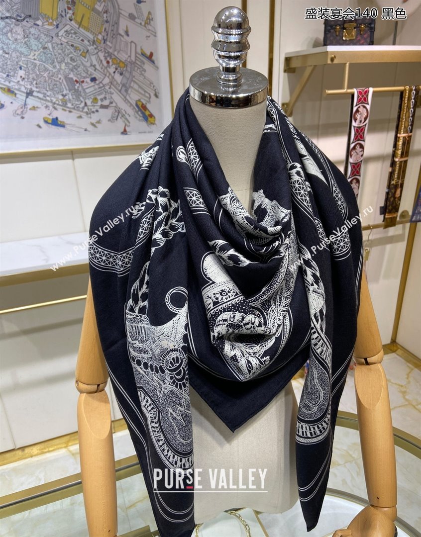 Hermes Grand Apparat Forever Cashmere Shawl Scarf 140cm Black 2023 H001364S (A-230905025)