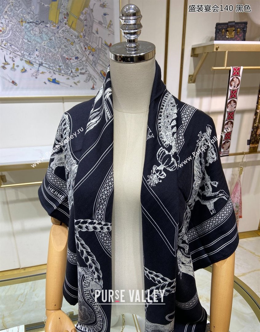 Hermes Grand Apparat Forever Cashmere Shawl Scarf 140cm Black 2023 H001364S (A-230905025)