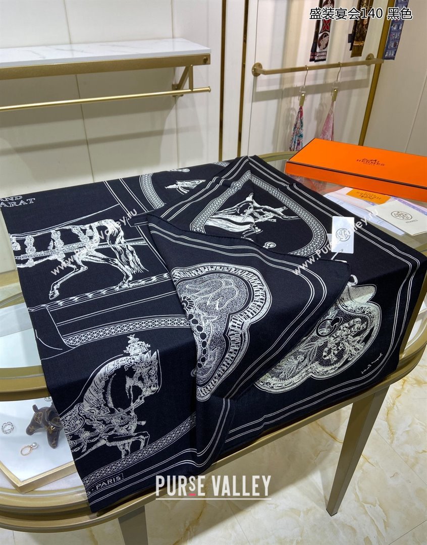 Hermes Grand Apparat Forever Cashmere Shawl Scarf 140cm Black 2023 H001364S (A-230905025)