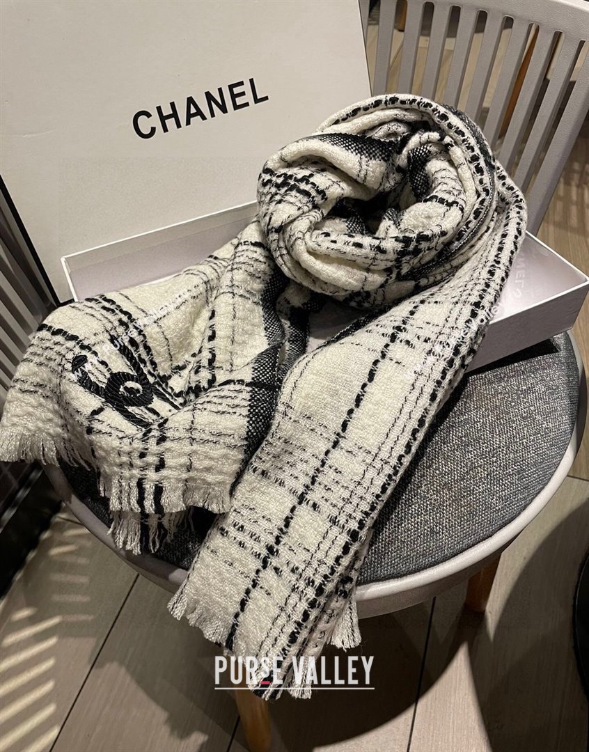 Chanel Wool Long Scarf 50x200cm White/Black 2023 0905 (XMN-230905005)