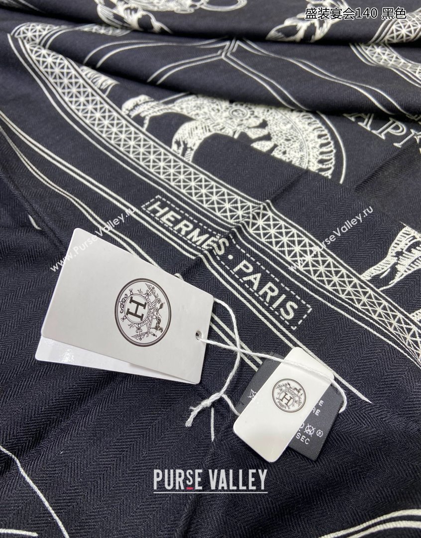 Hermes Grand Apparat Forever Cashmere Shawl Scarf 140cm Black 2023 H001364S (A-230905025)