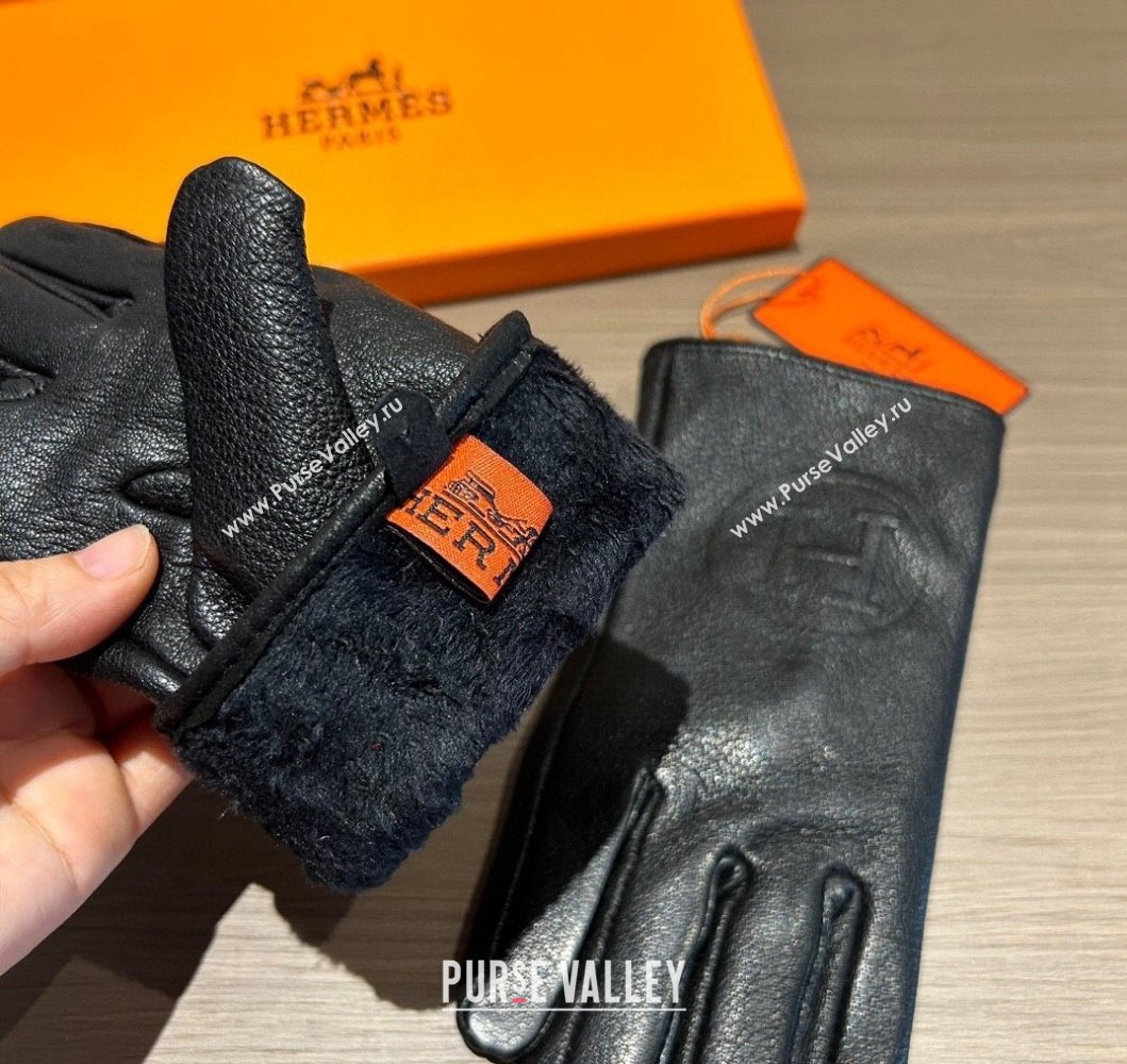 Hermes Leather and Cashmere Gloves Black 2023 0906 (XMN-230906035)