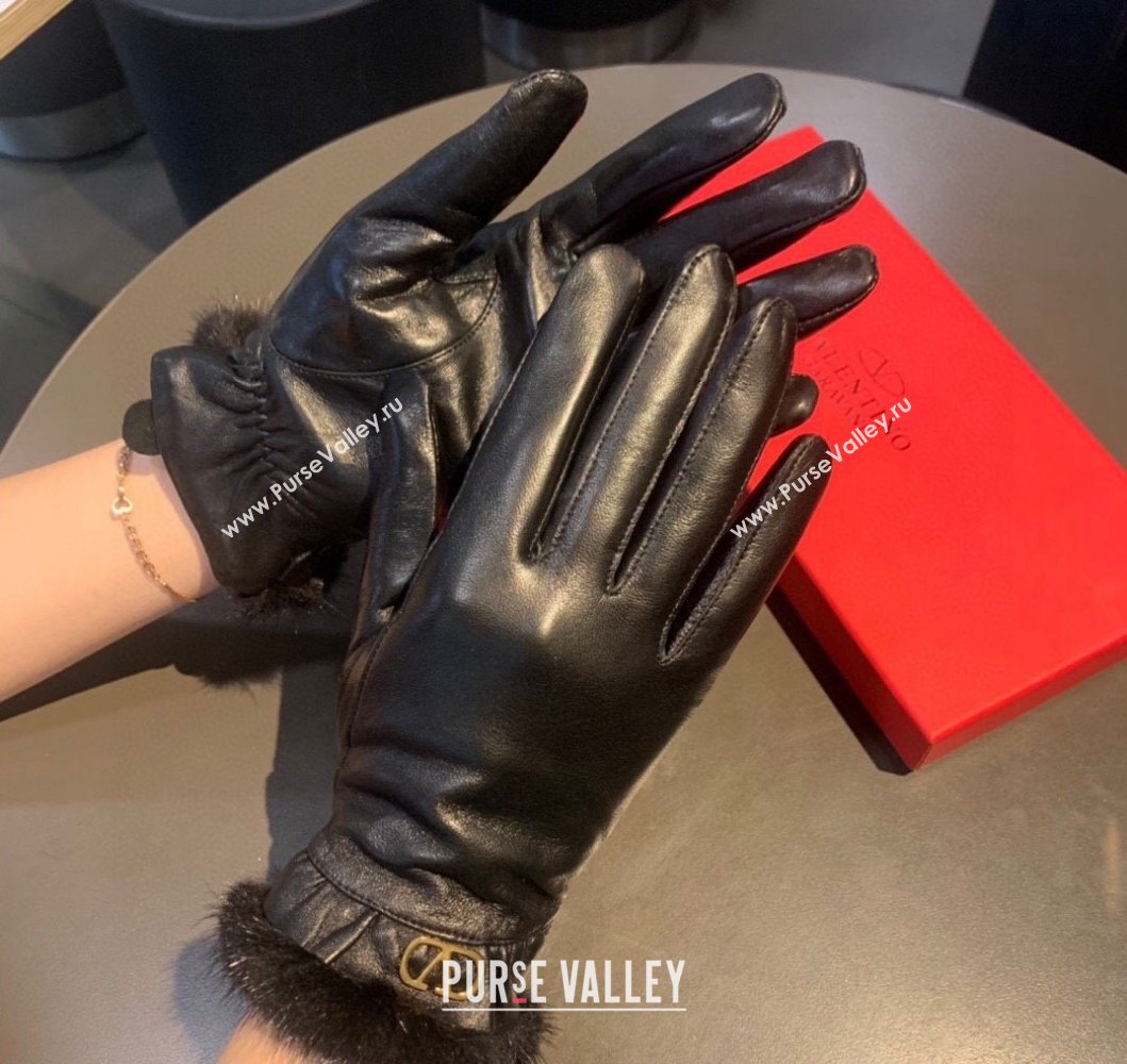 Valentino Lambskin and Cashmere Gloves with Mink Fur Charm Black 2023 0906 (XMN-230906039)