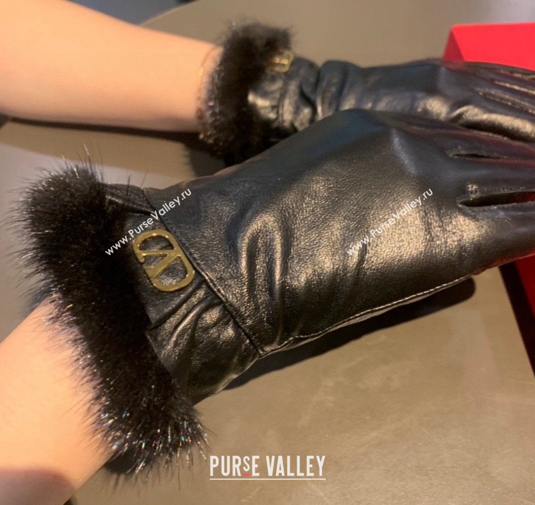 Valentino Lambskin and Cashmere Gloves with Mink Fur Charm Black 2023 0906 (XMN-230906039)