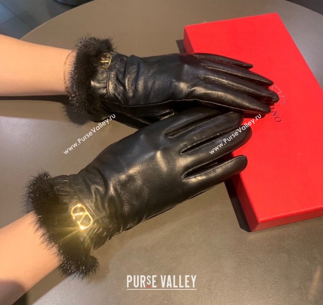 Valentino Lambskin and Cashmere Gloves with Mink Fur Charm Black 2023 0906 (XMN-230906039)