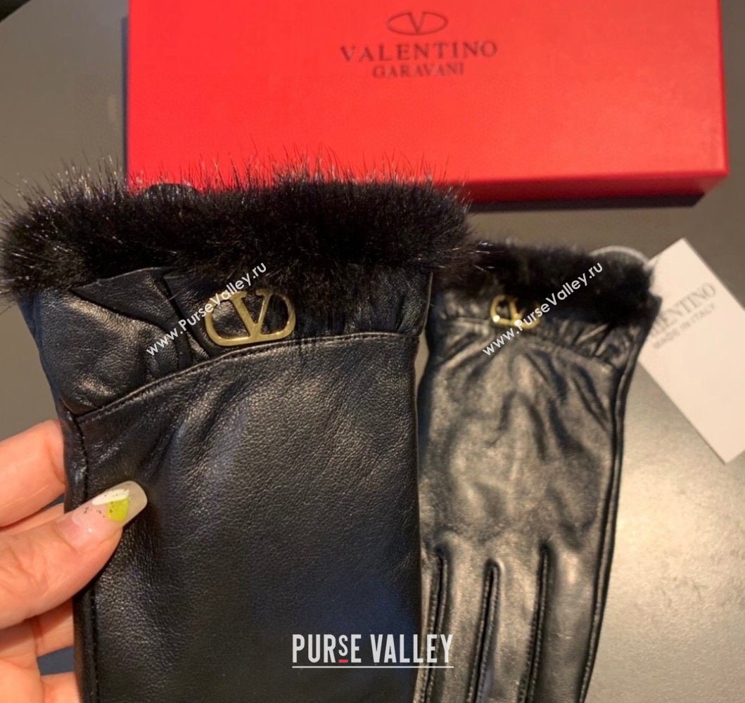 Valentino Lambskin and Cashmere Gloves with Mink Fur Charm Black 2023 0906 (XMN-230906039)