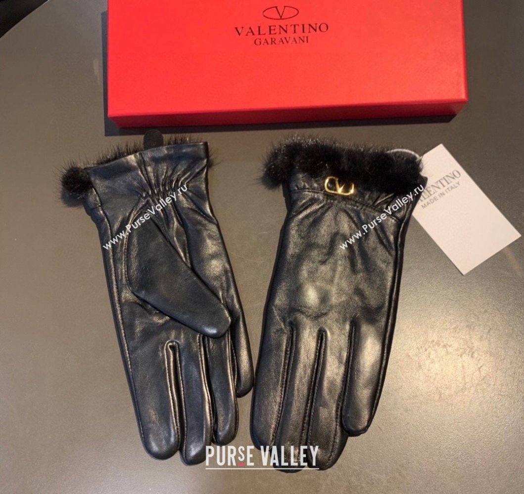 Valentino Lambskin and Cashmere Gloves with Mink Fur Charm Black 2023 0906 (XMN-230906039)