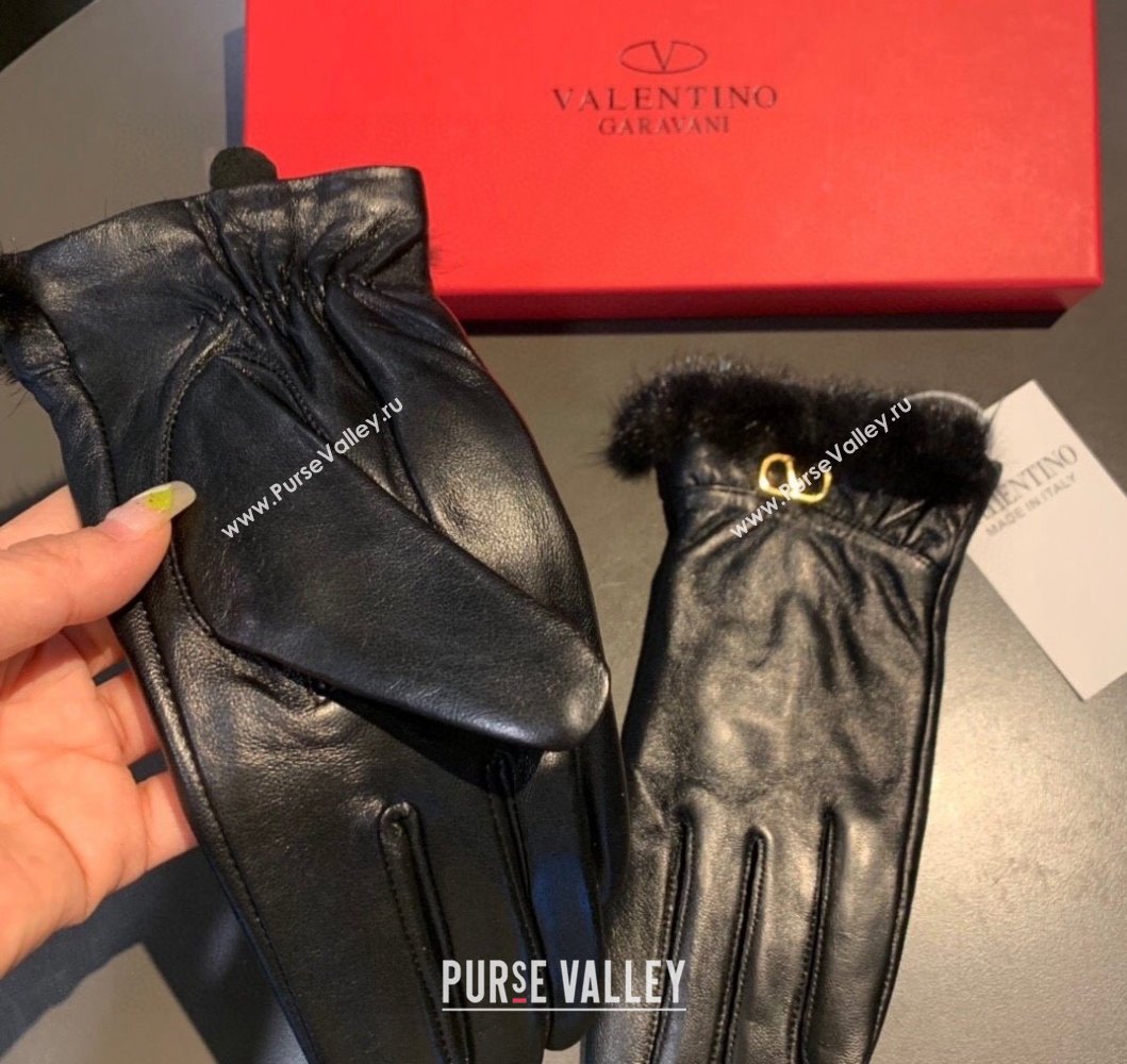 Valentino Lambskin and Cashmere Gloves with Mink Fur Charm Black 2023 0906 (XMN-230906039)