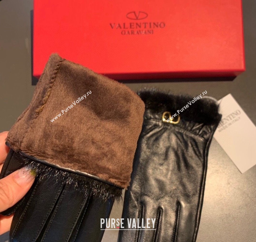 Valentino Lambskin and Cashmere Gloves with Mink Fur Charm Black 2023 0906 (XMN-230906039)