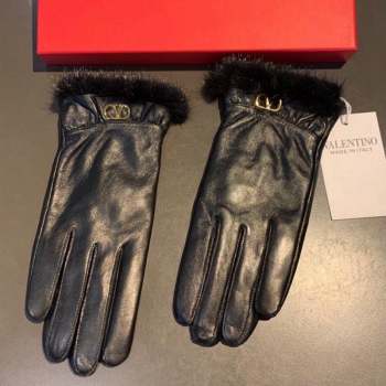 Valentino Lambskin and Cashmere Gloves with Mink Fur Charm Black 2023 0906 (XMN-230906039)