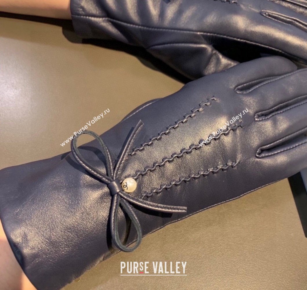 Chanel Lambskin and Cashmere Gloves with Pearl Bow Navy Blue 2023 0906 (XMN-230906043)