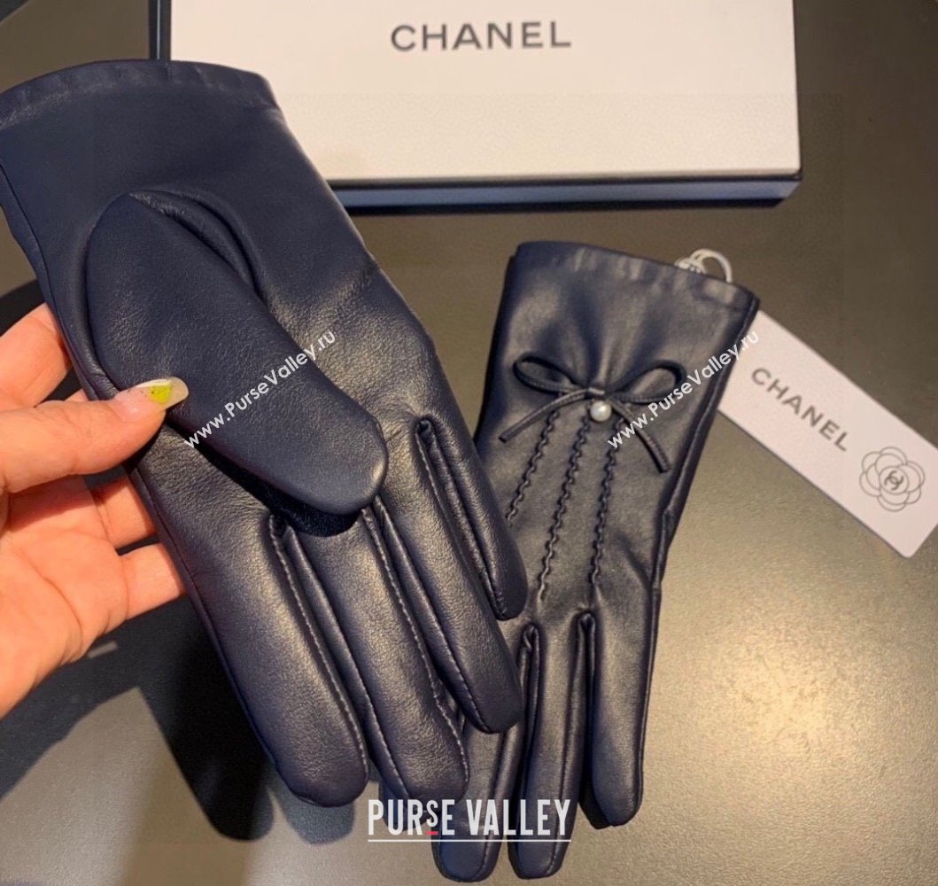 Chanel Lambskin and Cashmere Gloves with Pearl Bow Navy Blue 2023 0906 (XMN-230906043)