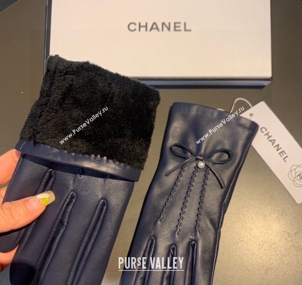 Chanel Lambskin and Cashmere Gloves with Pearl Bow Navy Blue 2023 0906 (XMN-230906043)