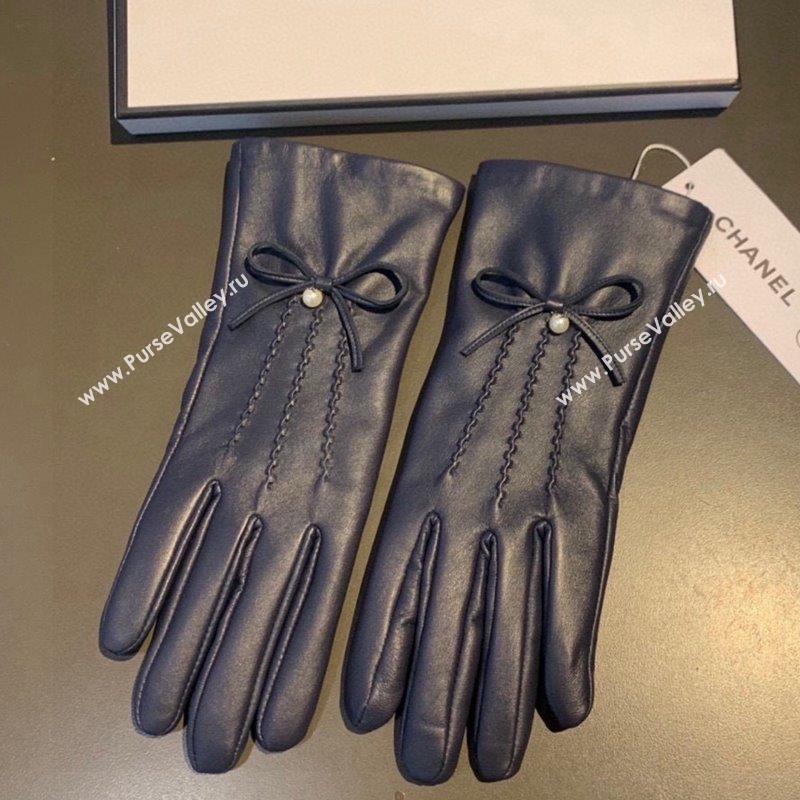 Chanel Lambskin and Cashmere Gloves with Pearl Bow Navy Blue 2023 0906 (XMN-230906043)