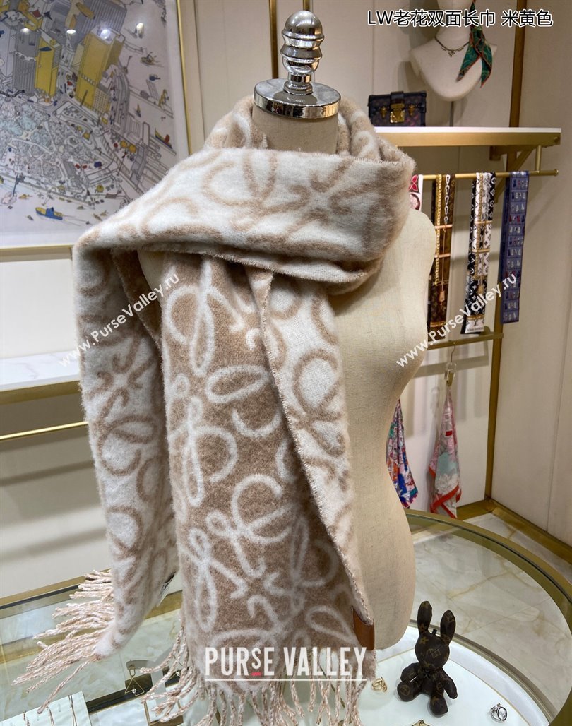 Loewe Anagram Wool and Alpaca Fur Long Scarf 38x200cm Beige 2023 (A-231108069)