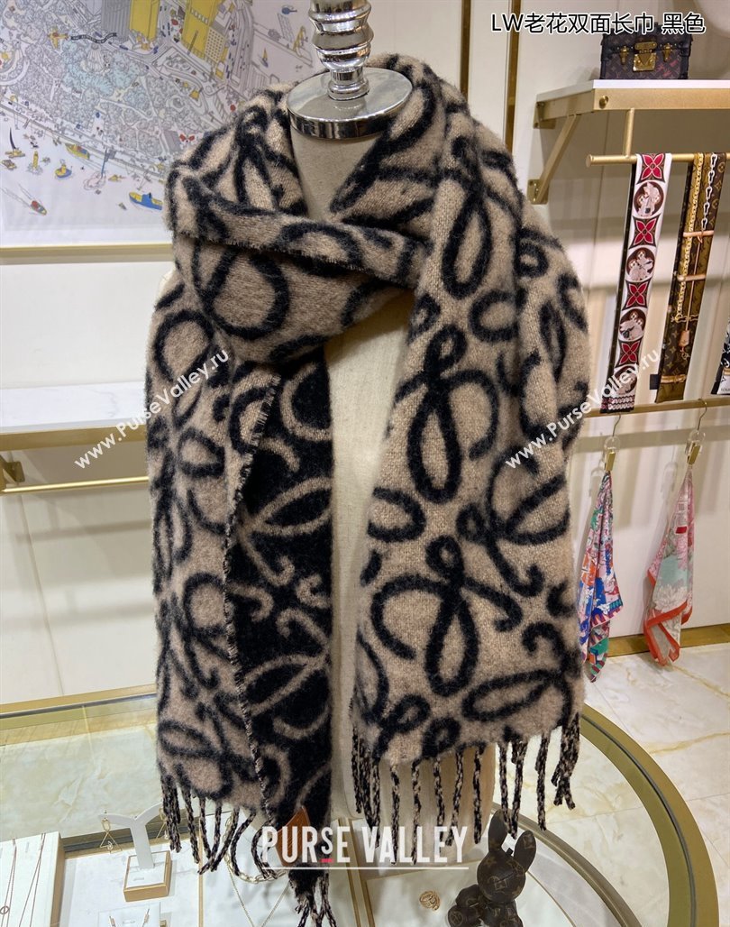 Loewe Anagram Wool and Alpaca Fur Long Scarf 38x200cm Black 2023 (A-231108070)