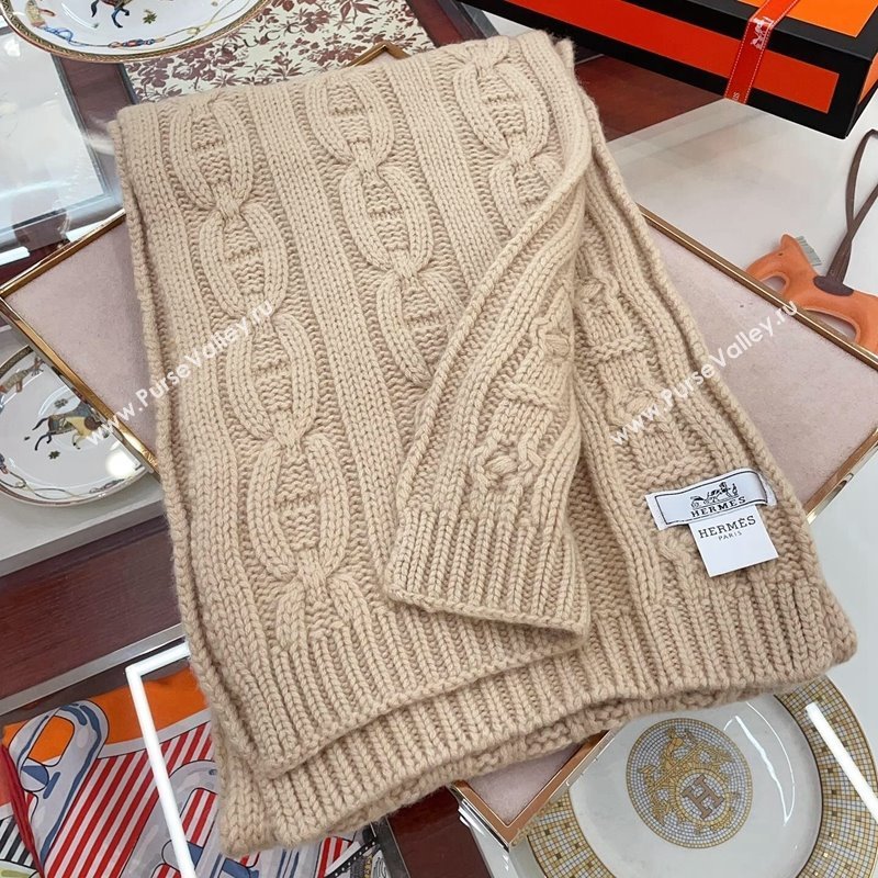 Hermes Cashmere Knit Long Scarf 28x180cm Beige 2023 (A-231108077)