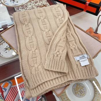 Hermes Cashmere Knit Long Scarf 28x180cm Beige 2023 (A-231108077)