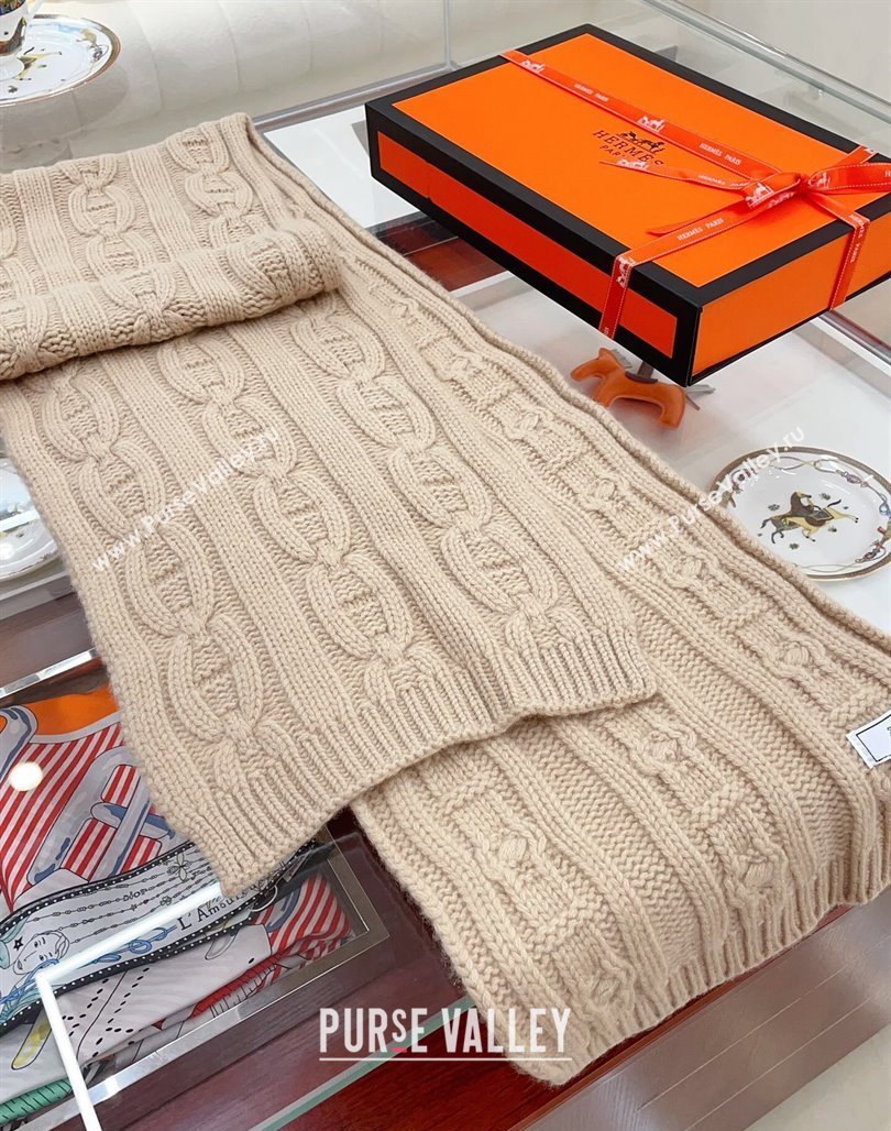 Hermes Cashmere Knit Long Scarf 28x180cm Beige 2023 (A-231108077)