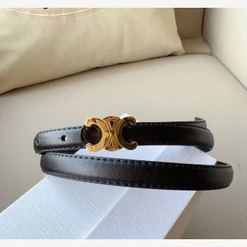 Celine Triomphe Womens Leather Belt 1.5cm with Gold Logo Buckle Black 2023 1108 (99-231108159)