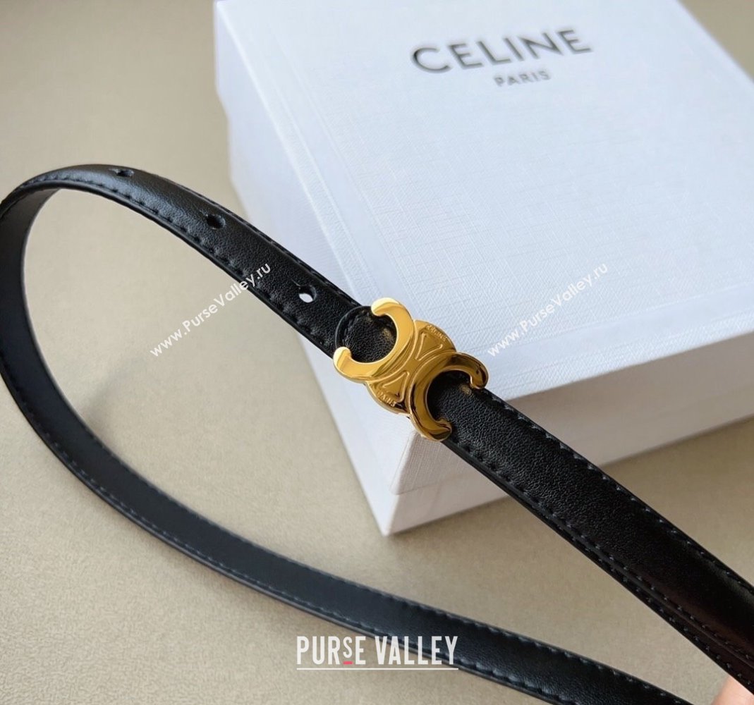 Celine Triomphe Womens Leather Belt 1.5cm with Gold Logo Buckle Black 2023 1108 (99-231108159)